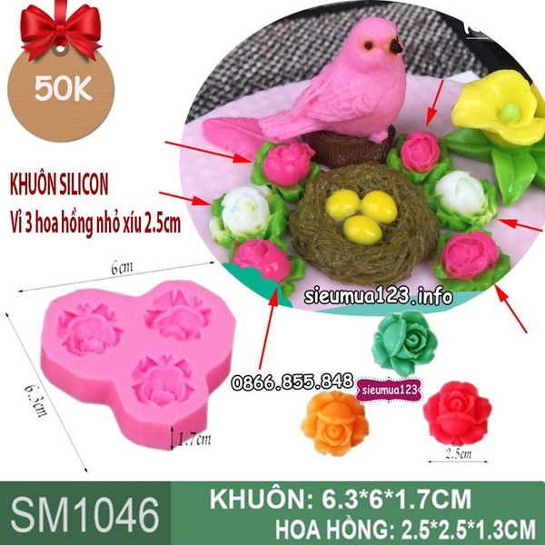 Khuôn silicon 3 hoa hồng nhỏ xíu 2,5cm ( SM1046 )
