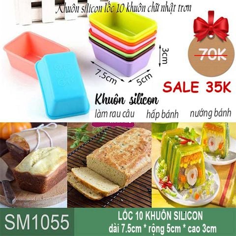 Lốc 10 khuôn silicon chữ nhật trơn để hấp bánh bột lọc 7cm ( SM1055 )