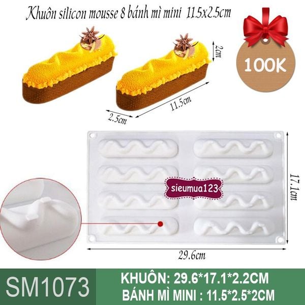 Khuôn silicon mousse 8 bánh mì mini 11,5x2,5cm ( SM1073 ) CÒN 5 CÁI