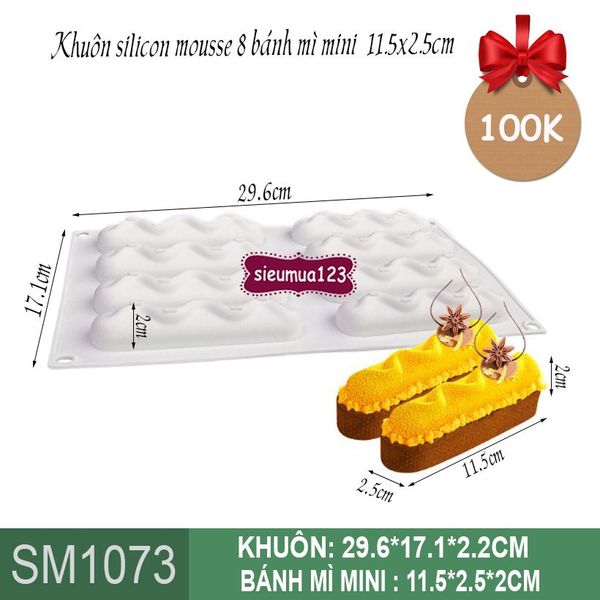 Khuôn silicon mousse 8 bánh mì mini 11,5x2,5cm ( SM1073 ) CÒN 5 CÁI