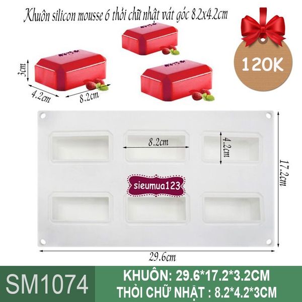 Khuôn silicon mousse 6 thỏi chữ nhật vát góc 8,2x4,2cm ( SM1074 ) còn 3 cái