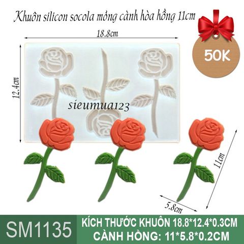 Khuôn silicon socola mỏng 3 cành hồng 11cm ( SM1135 )