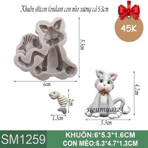 Khuôn silicon fondant con mèo xương cá 5,3cm ( SM1259 )