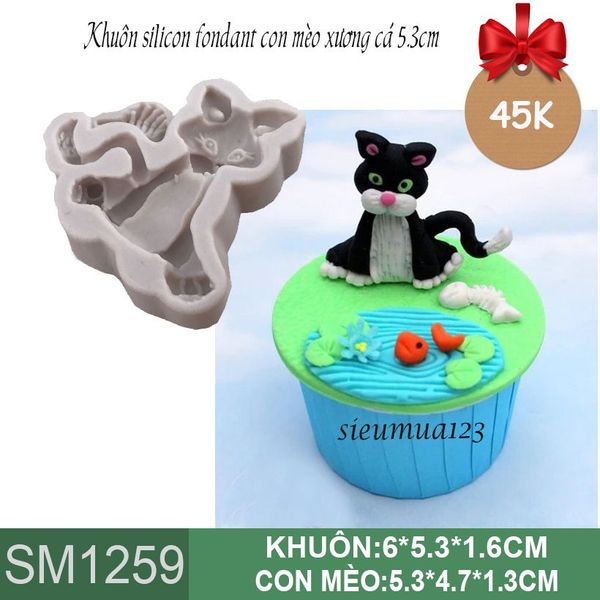 Khuôn silicon fondant con mèo xương cá 5,3cm ( SM1259 )