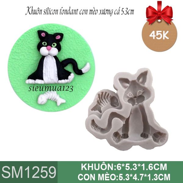 Khuôn silicon fondant con mèo xương cá 5,3cm ( SM1259 )