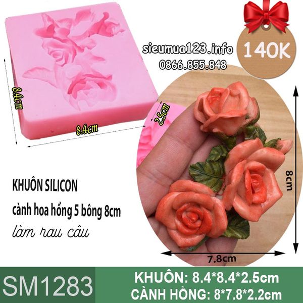 Khuôn silicon cành hoa hồng 5 bông 9cm ( SM1283 )