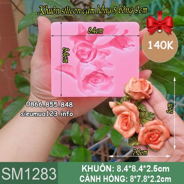 Khuôn silicon cành hoa hồng 5 bông 9cm ( SM1283 )
