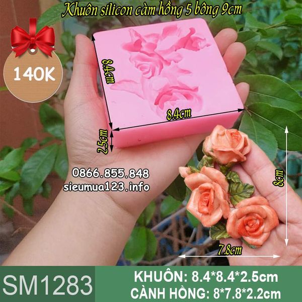 Khuôn silicon cành hoa hồng 5 bông 9cm ( SM1283 )