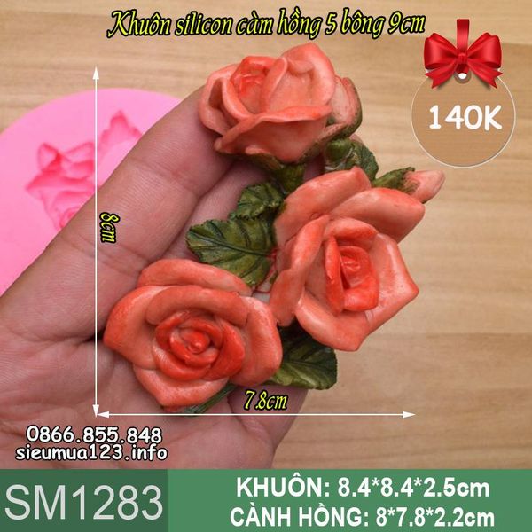 Khuôn silicon cành hoa hồng 5 bông 9cm ( SM1283 )