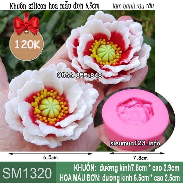 Khuôn silicon hoa mẫu đơn cánh mỏng nhụy vàng 6,5cm ( SM1320 )