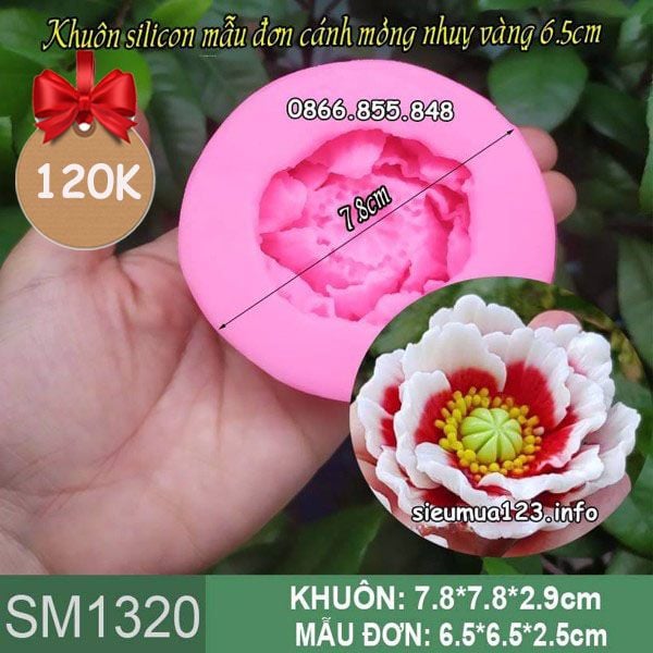 Khuôn silicon hoa mẫu đơn cánh mỏng nhụy vàng 6,5cm ( SM1320 )