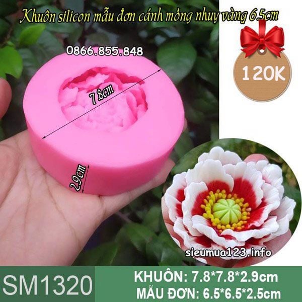 Khuôn silicon hoa mẫu đơn cánh mỏng nhụy vàng 6,5cm ( SM1320 )