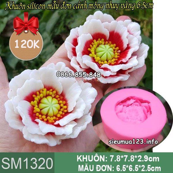 Khuôn silicon hoa mẫu đơn cánh mỏng nhụy vàng 6,5cm ( SM1320 )