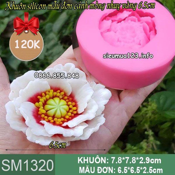 Khuôn silicon hoa mẫu đơn cánh mỏng nhụy vàng 6,5cm ( SM1320 )