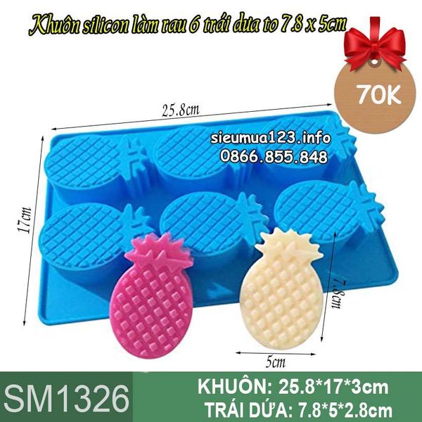 Khuôn silicon làm rau câu 6 trái dứa to 7,8 x 5cm ( SM1326 )