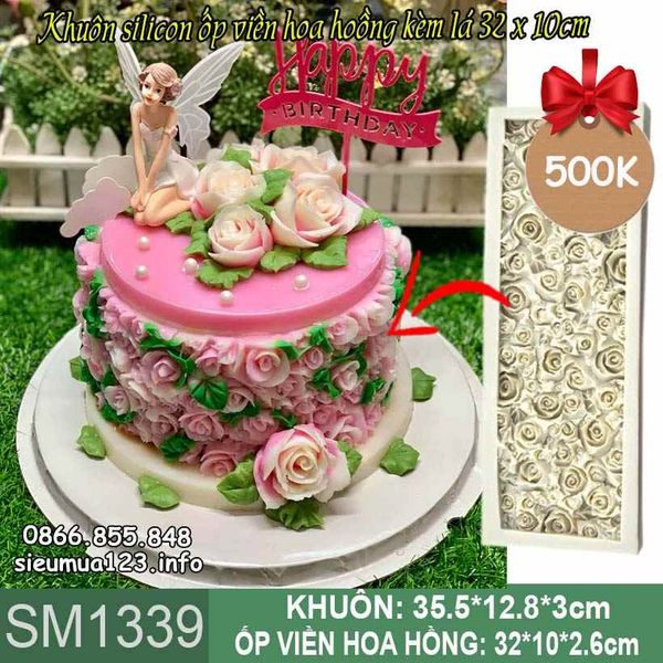 Khuôn silicon làm rau câu ốp viền hoa hồng có lá 32cm*10cm ( SM1339 )