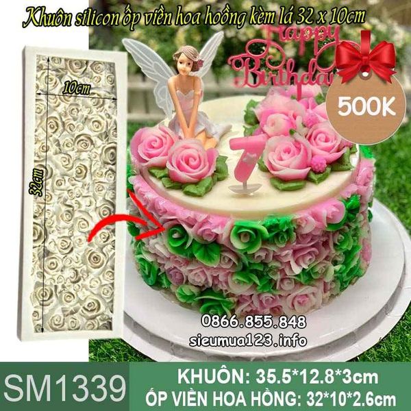 Khuôn silicon làm rau câu ốp viền hoa hồng có lá 32cm*10cm ( SM1339 )