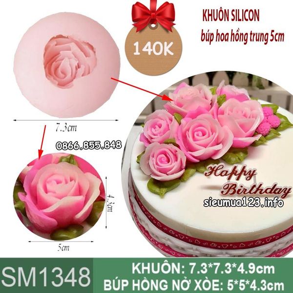 Khuôn silicon làm rau câu búp hoa hồng nở xòe 5cm ( SM1348 )