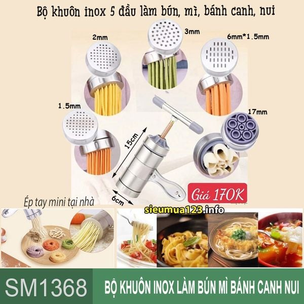 Bộ dụng cụ làm bún mì bánh canh nui bằng inox có 5 đầu ( SM1368 ) để tự làm thủ công tại nhà