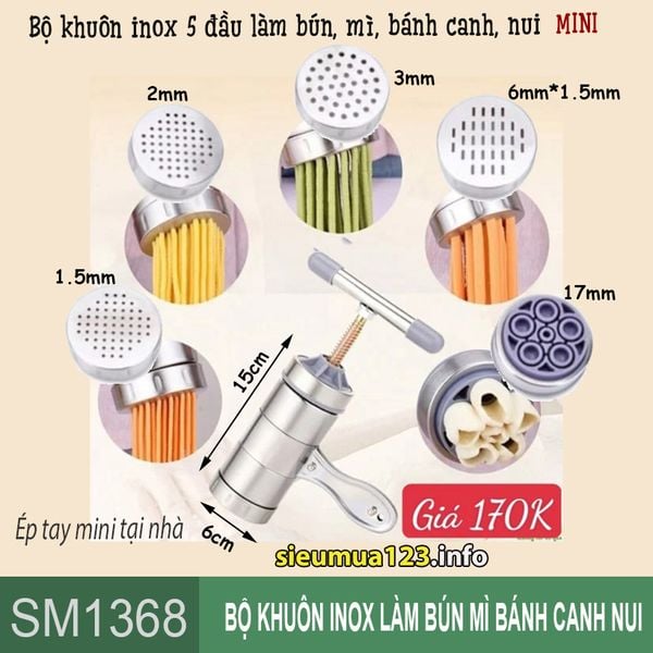 Bộ dụng cụ làm bún mì bánh canh nui bằng inox có 5 đầu ( SM1368 ) để tự làm thủ công tại nhà