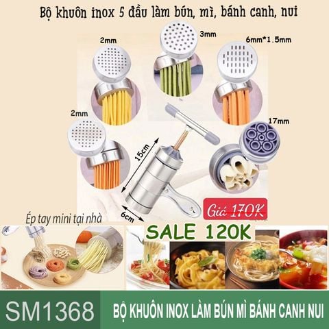 Bộ dụng cụ làm bún mì bánh canh nui bằng inox có 5 đầu ( SM1368 ) để tự làm thủ công tại nhà