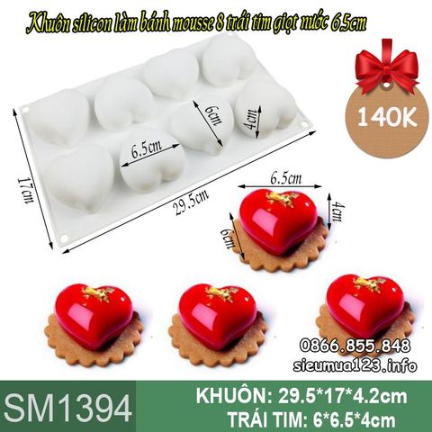Khuôn mousse silicon 8 trái tim giọt nước 6,5cm ( SM1394 ) còn 2 cái