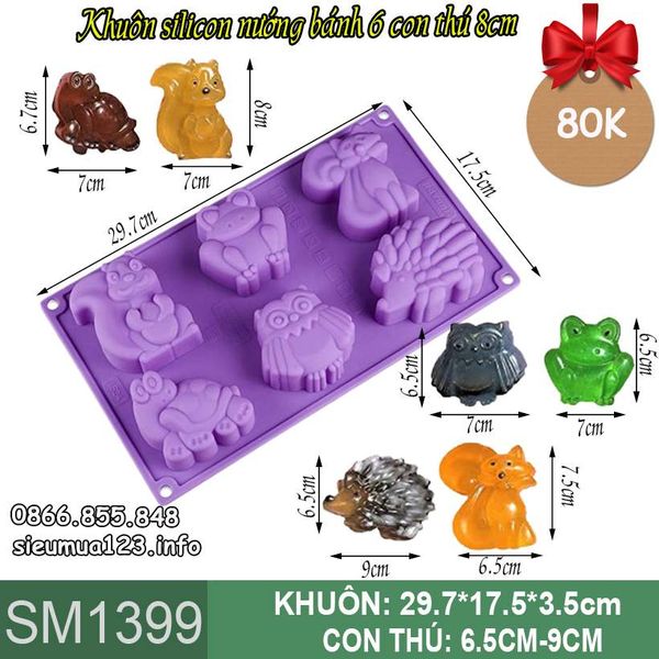 Khuôn silicon nướng bánh 6 con rùa nhím ếch sóc cú 8cm ( SM1399 )