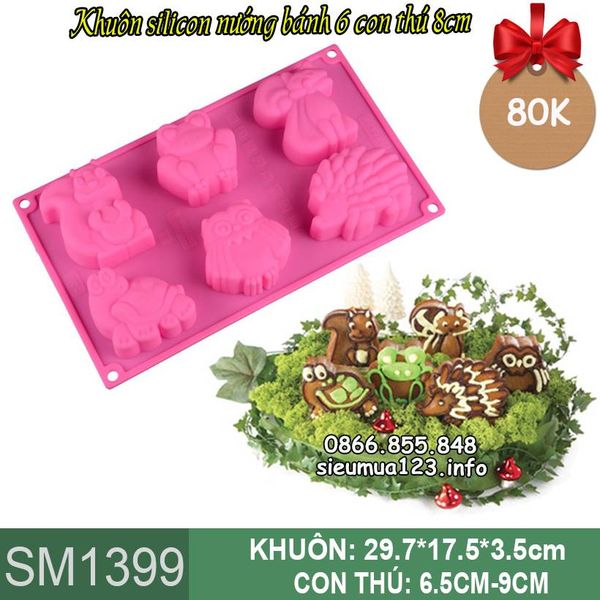 Khuôn silicon nướng bánh 6 con rùa nhím ếch sóc cú 8cm ( SM1399 )