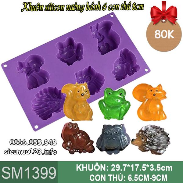 Khuôn silicon nướng bánh 6 con rùa nhím ếch sóc cú 8cm ( SM1399 )