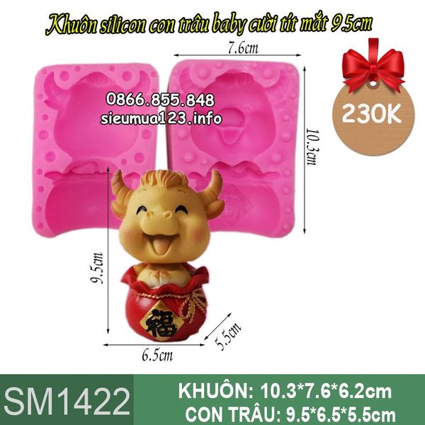 Khuôn silicon làm rau câu con trâu cười tít mắt ngồi trong túi vàng chữ Phúc 9,5cm ( SM1422 )
