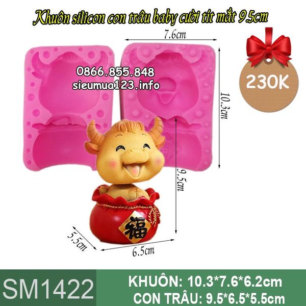 Khuôn silicon làm rau câu con trâu cười tít mắt ngồi trong túi vàng chữ Phúc 9,5cm ( SM1422 )