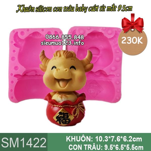 Khuôn silicon làm rau câu con trâu cười tít mắt ngồi trong túi vàng chữ Phúc 9,5cm ( SM1422 )