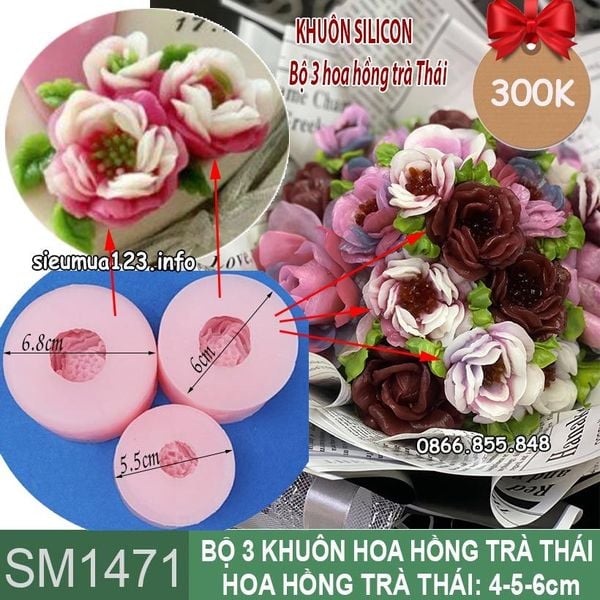 Bộ 3 khuôn silicon hoa hồng trà thái 4cm, 5cm, 6cm ( SM1471 )