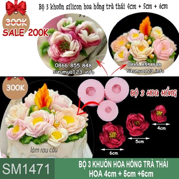 Bộ 3 khuôn silicon hoa hồng trà thái 4cm, 5cm, 6cm ( SM1471 )