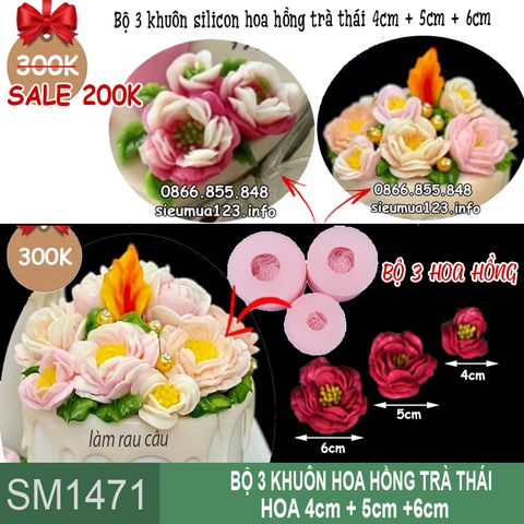 Bộ 3 khuôn silicon hoa hồng trà thái 4cm, 5cm, 6cm ( SM1471 )