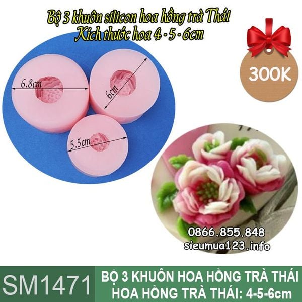 Bộ 3 khuôn silicon hoa hồng trà thái 4cm, 5cm, 6cm ( SM1471 )