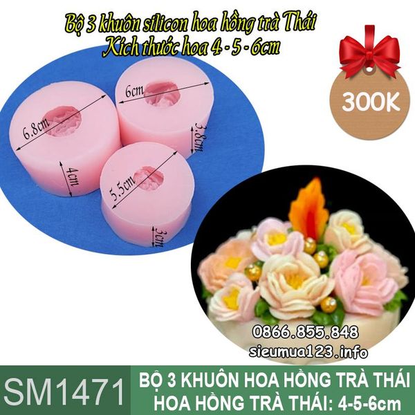 Bộ 3 khuôn silicon hoa hồng trà thái 4cm, 5cm, 6cm ( SM1471 )