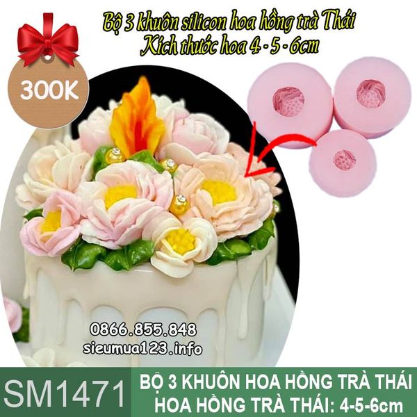 Bộ 3 khuôn silicon hoa hồng trà thái 4cm, 5cm, 6cm ( SM1471 )