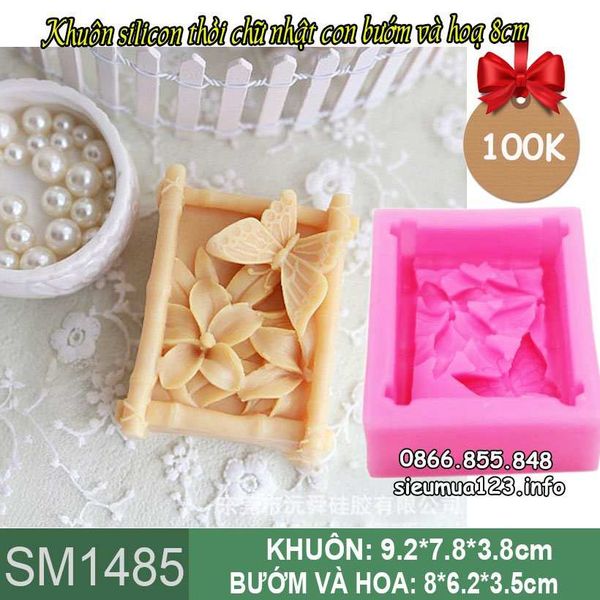 Khuôn silicon thỏi vuông hoa bướm 8cm ( SM1485 )