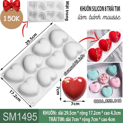 Khuôn silicon 8 trái tim bo tròn 7cm làm bánh mousse ( SM1495 )