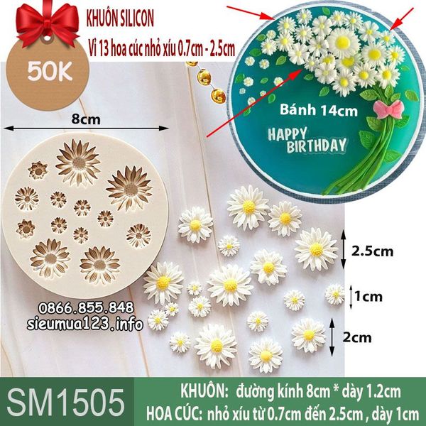 Khuôn silicon vỉ 13 hoa cúc nhỏ xíu 0,8cm đến 2,5cm ( SM1505 )