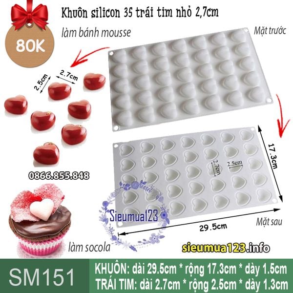 Khuôn silicon 35 trái tim nhỏ 2,7cm làm bánh mousse ( SM151 ) CÒN 6 VỈ