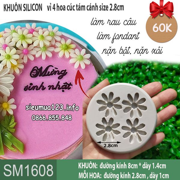 Khuôn silicon làm rau câu 4 hoa cúc tám cánh 2,8cm ( SM1608 )