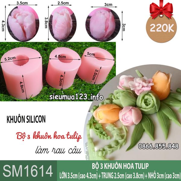 Bộ 3 khuôn silicon hoa tulip đường kính 3,5cm + 3cm + 2,5cm ( SM1614 )