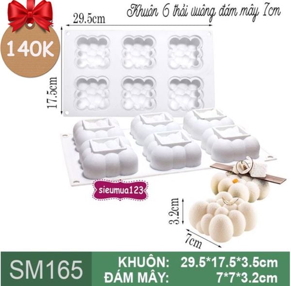 Khuôn silicon mousse 6 thỏi vuông đám mây 7cm ( SM165 ) còn 1 cái