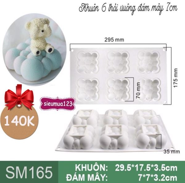 Khuôn silicon mousse 6 thỏi vuông đám mây 7cm ( SM165 ) còn 1 cái