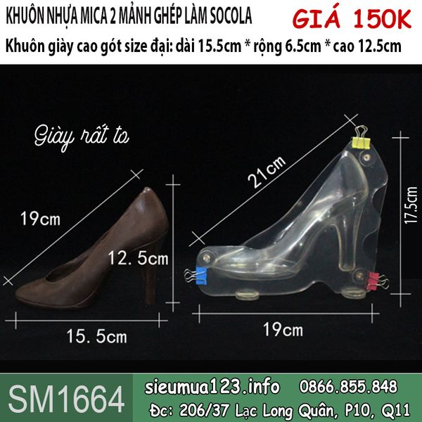 Khuôn nhựa mica giày cao gót lớn 15,5cm làm socola ( SM1664 ) còn 1 cái