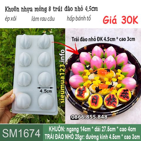 Khuôn nhựa mỏng 8 trái đào nhỏ 4,5cm làm rau câu , bánh tổ (  SM1674 )