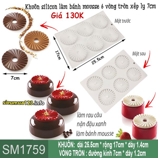 Khuôn silicon làm bánh mousse 6 vòng tròn xếp ly 7cm ( SM1759 ) còn 2 cái