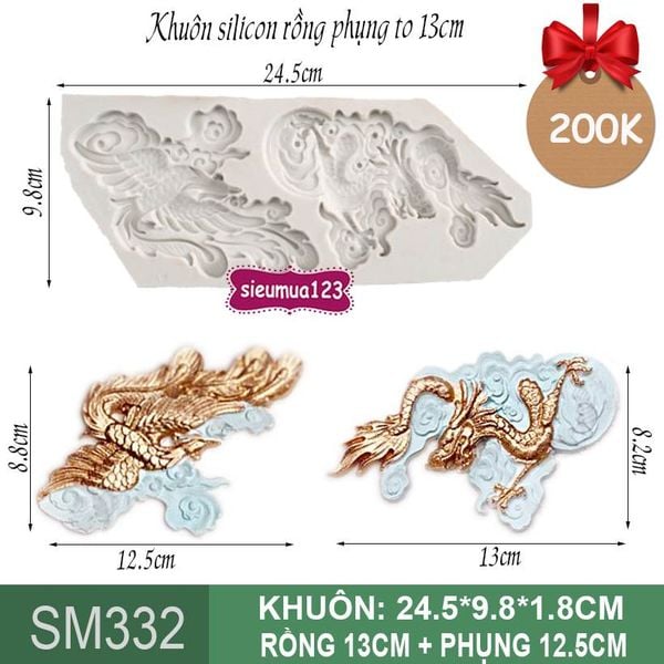 Khuôn rau câu silicon 4d : Khuôn con rồng phụng to 13cm ( SM332 )